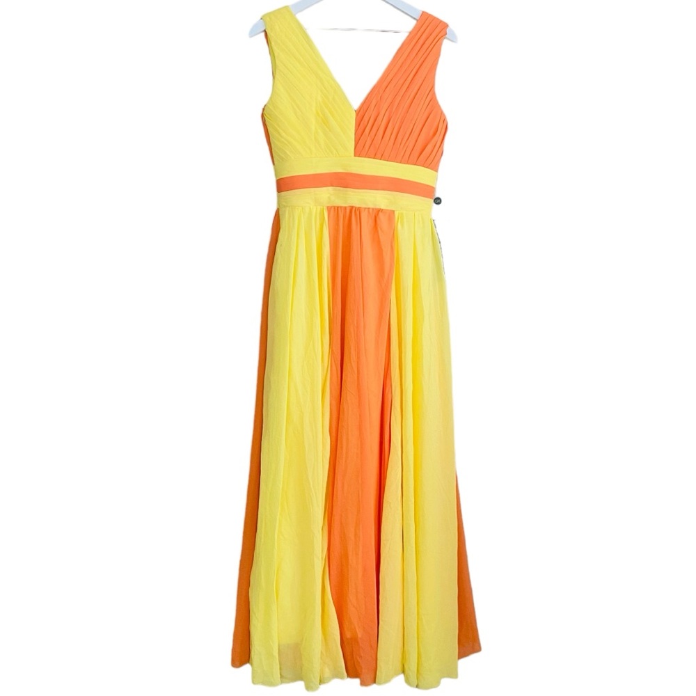 Grace Karin NWT Yellow & Coral Orange Color Block Pleated Maxi Dress Size Size 8 - Picture 3 of 9